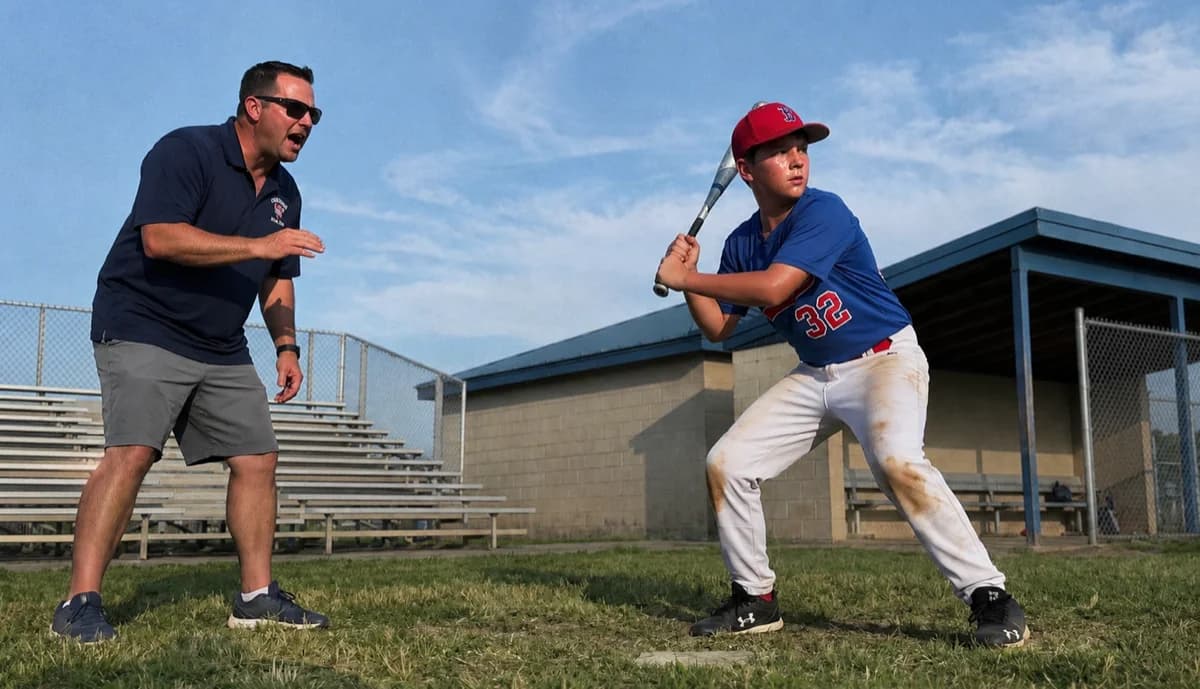 Baseball coach coaching a young batter at the plate