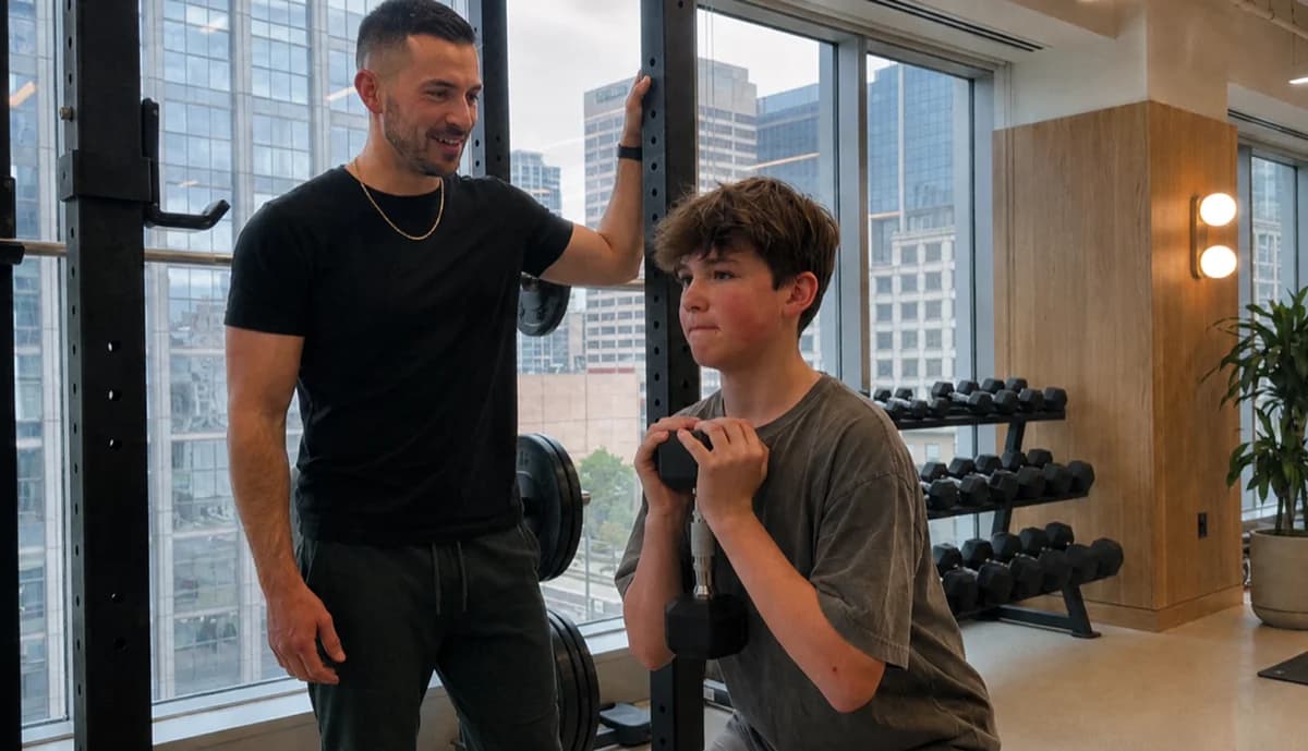 Trainer guiding a teenager through a dumbbell exercise in a gym
