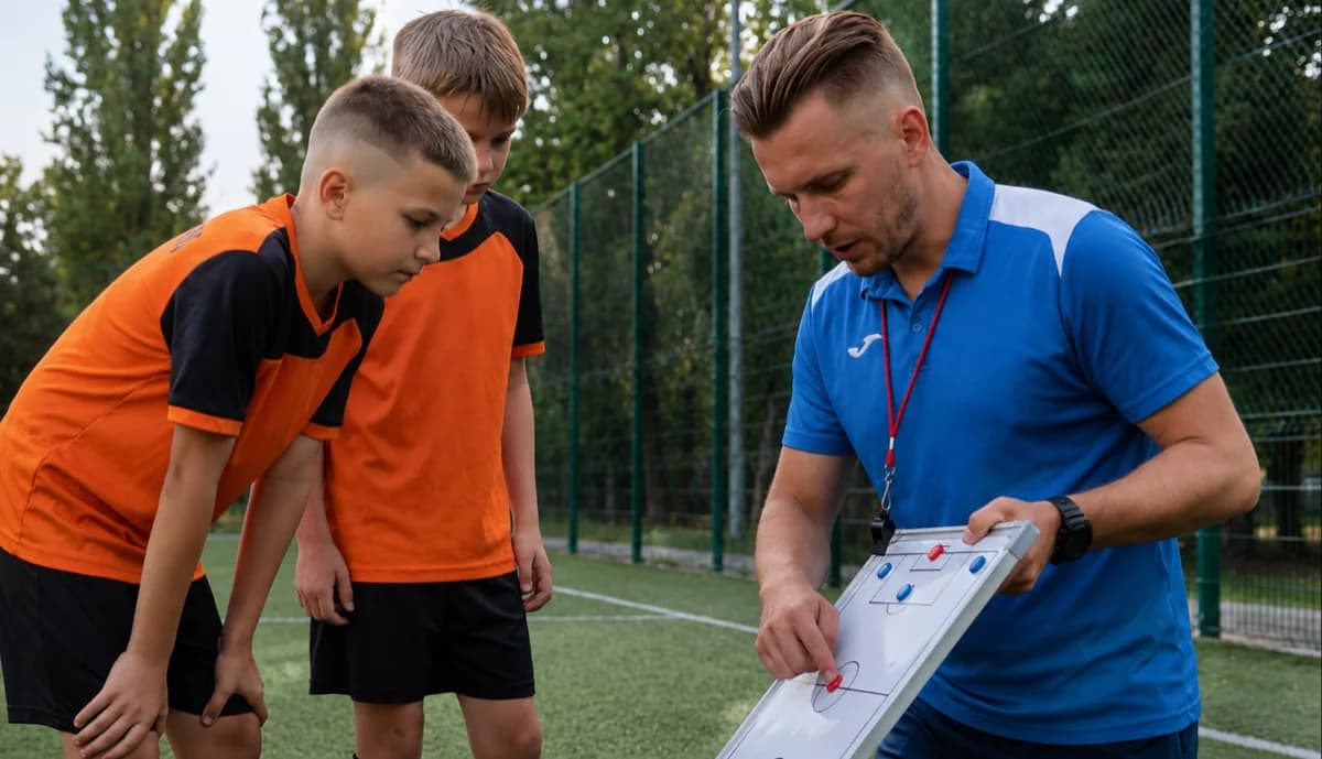 Soccer coach going over a play with two young players