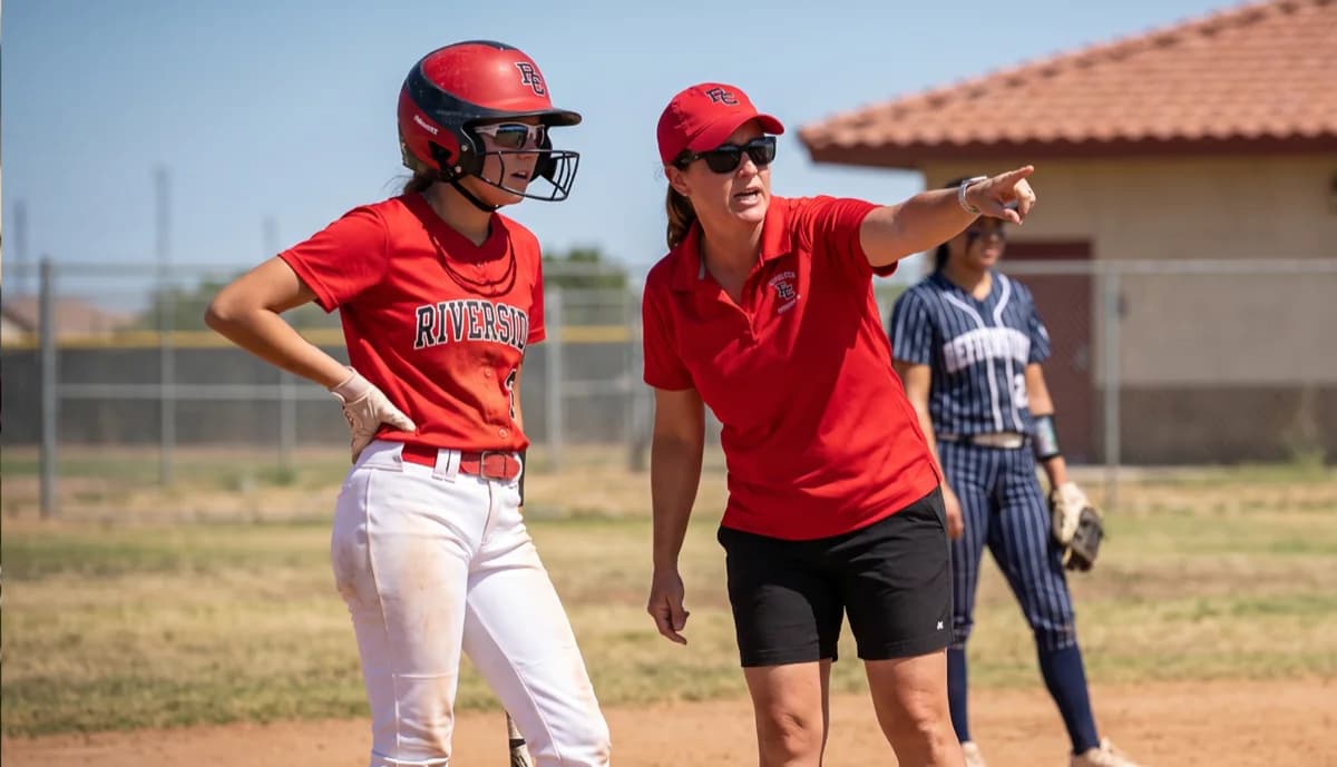 Softball coach directing a base runner during a game