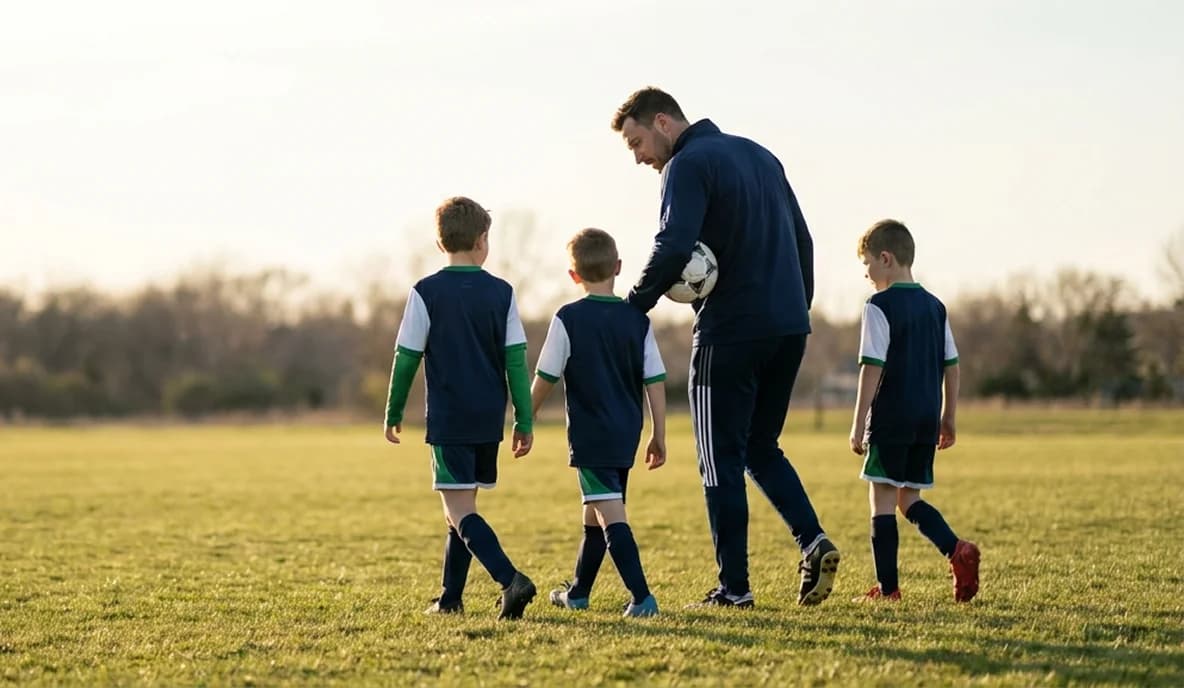 Coach walking across the field with three young soccer players