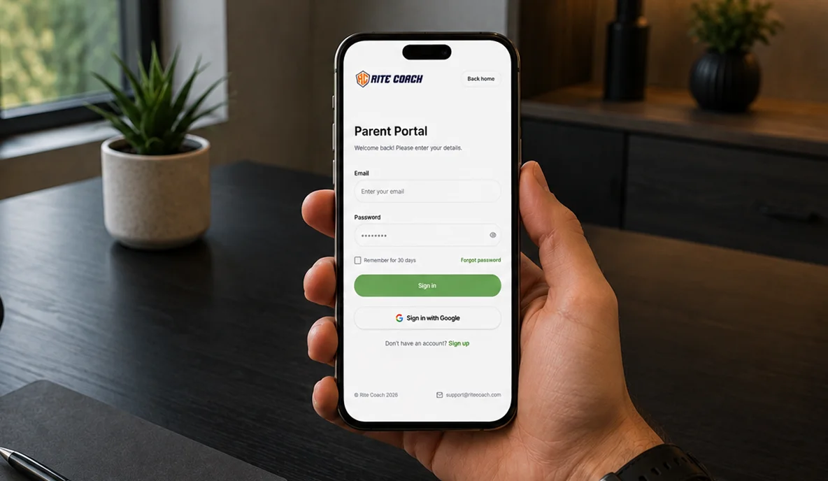 Rite Coach parent portal sign-in screen on a phone